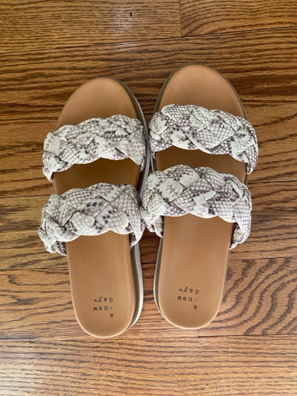 A New Day Braided Snake-Print Double Strap Sandals in Tan and White